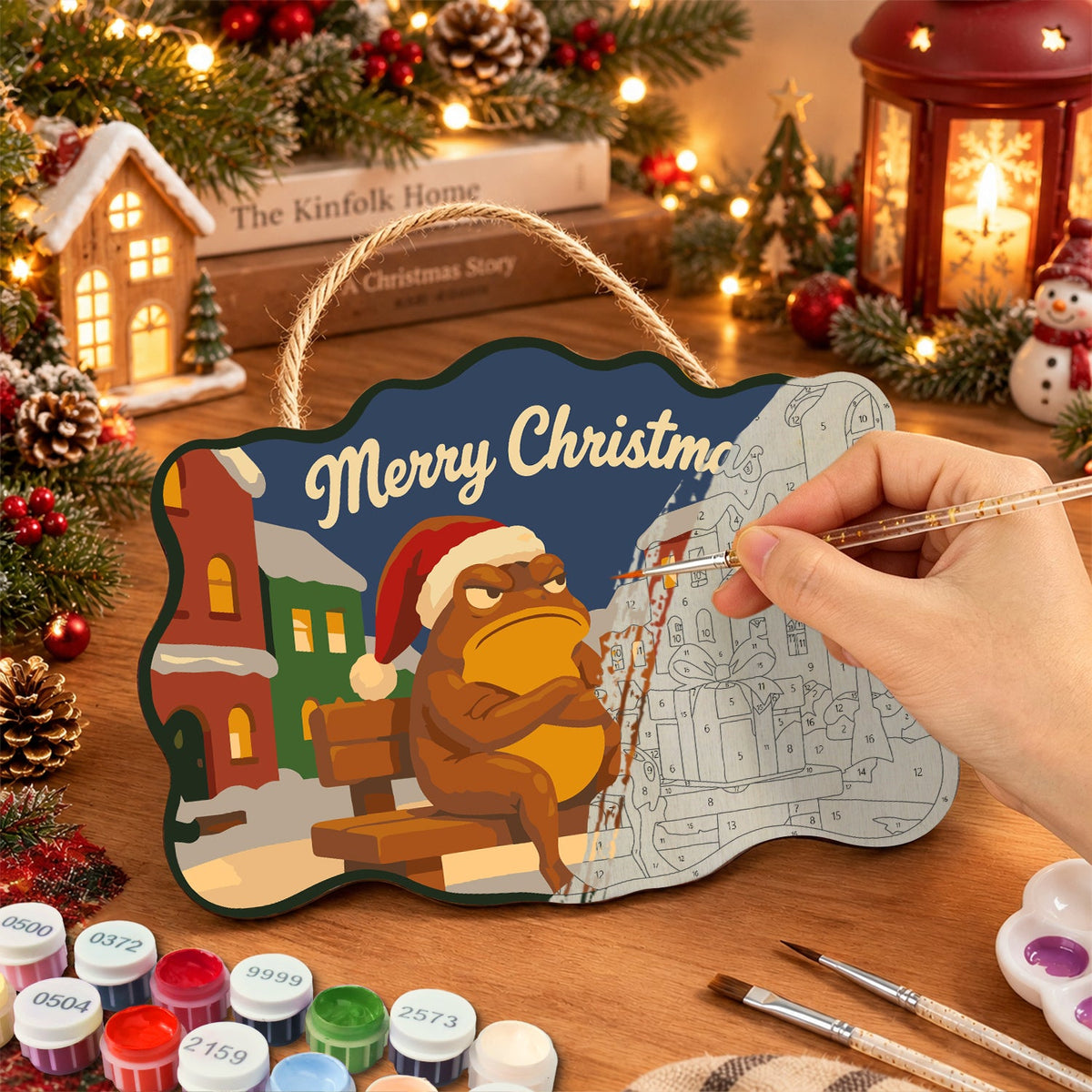 Grumpy town christmas paint by numbers door hanger painting process