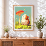 Finished guinea pig looking at mushroom cross stitch artwork displayed
