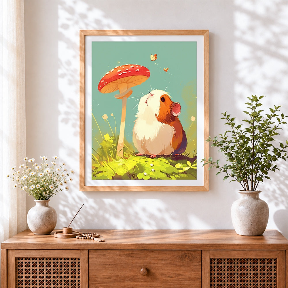 Finished guinea pig looking at mushroom cross stitch artwork displayed