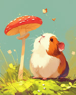 Guinea pig looking at mushroom cross stitch kit for beginners