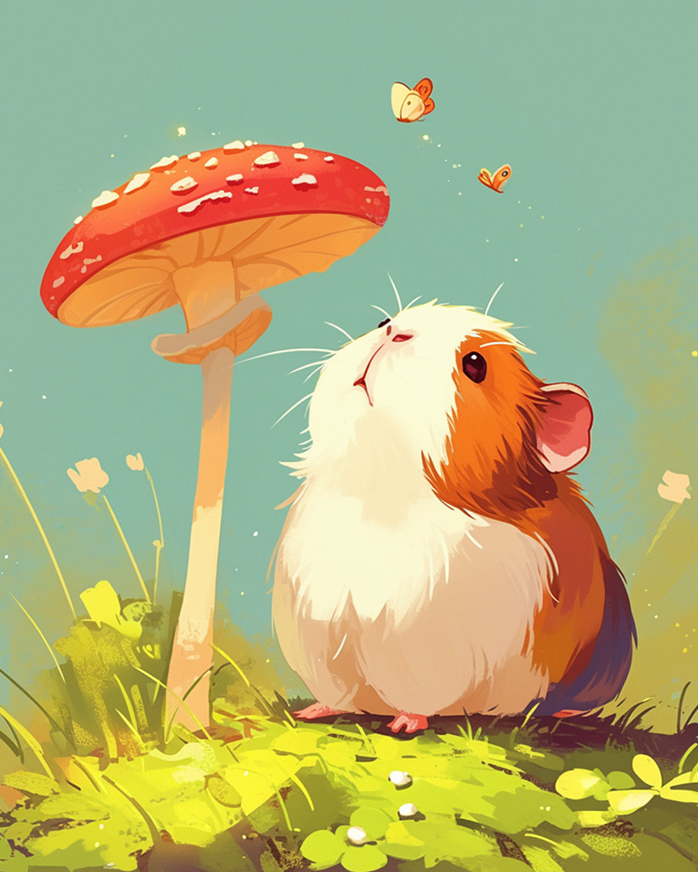 Guinea pig looking at mushroom cross stitch kit for beginners