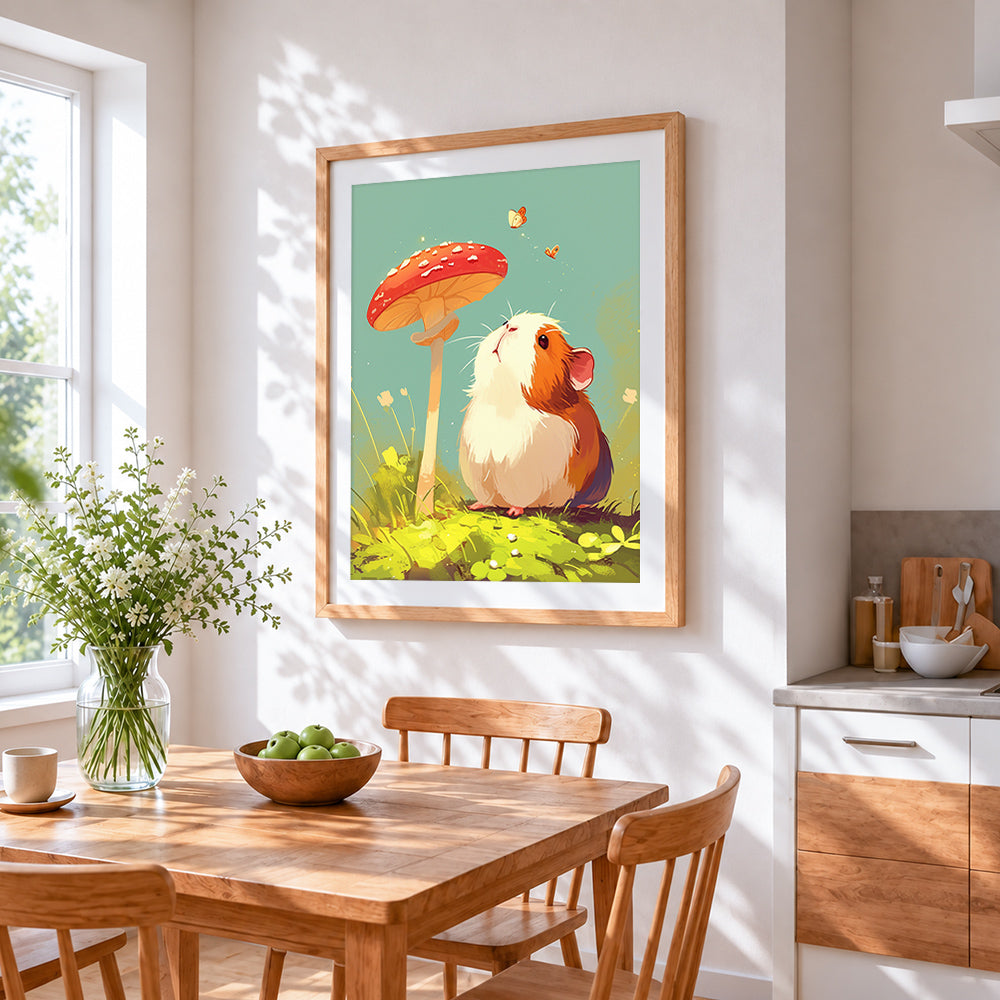 Guinea pig looking at mushroom cross stitch artwork displayed on wall as home decor