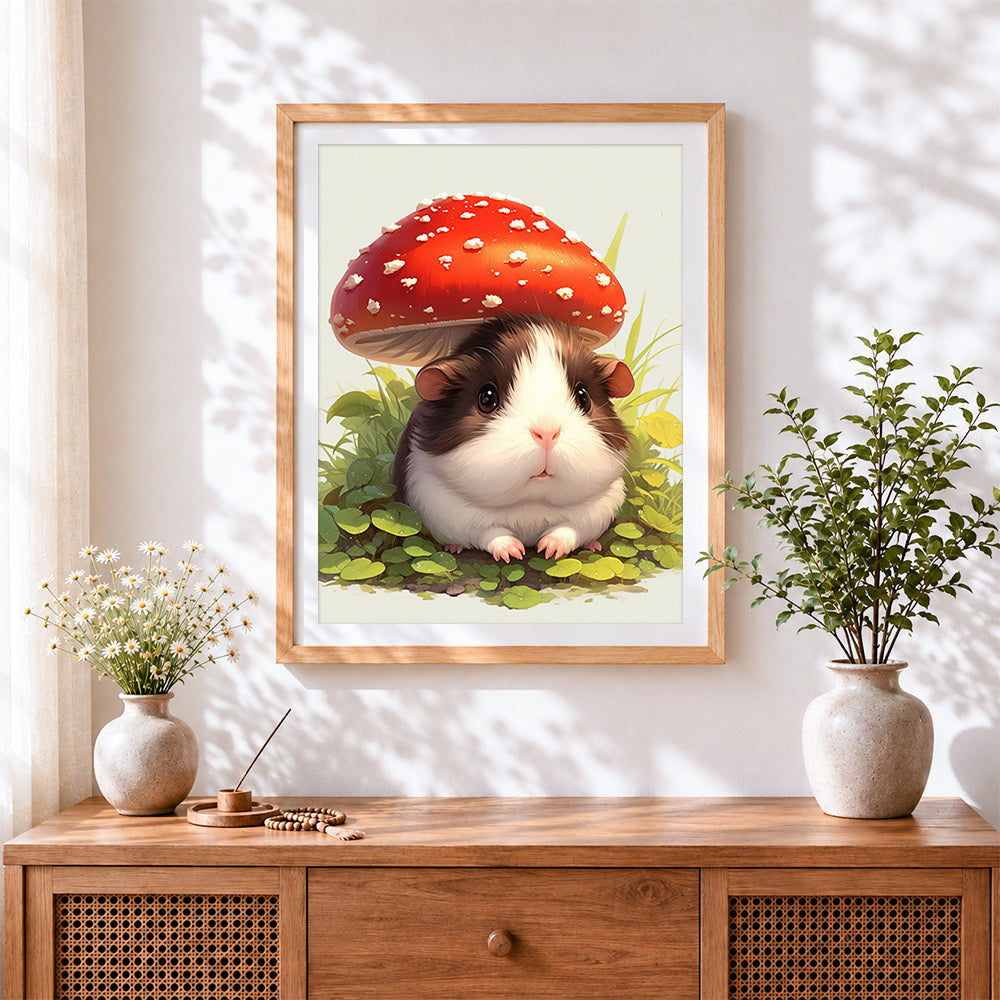 Finished guinea pig under mushroom cross stitch artwork displayed