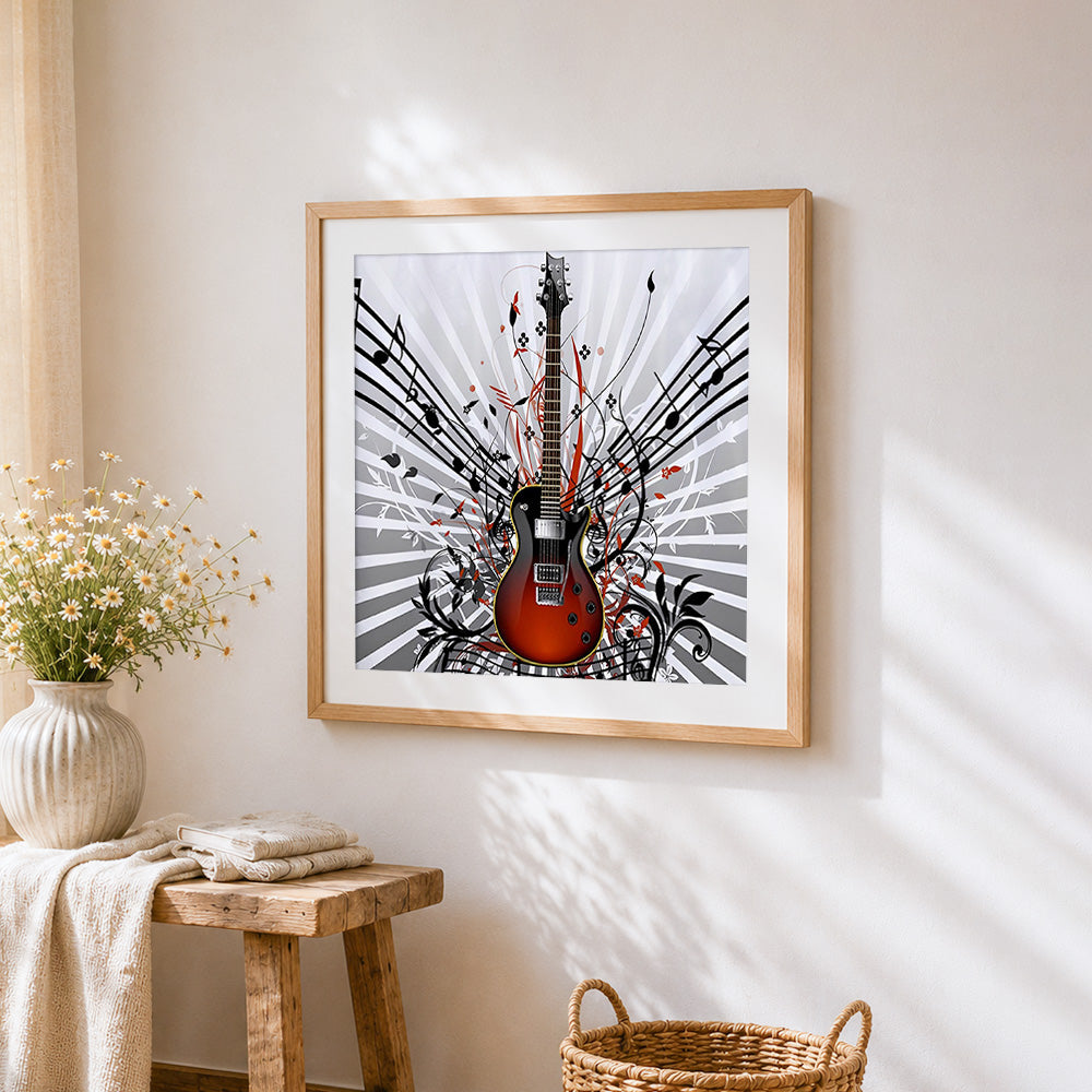 Guitar with music notes and vines cross stitch artwork displayed on wall as home decor