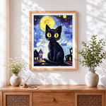 Finished halloween black cat under the moon cross stitch artwork displayed