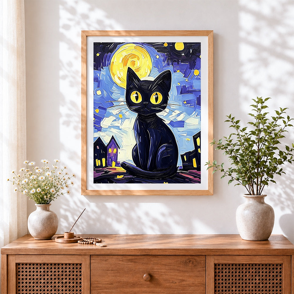 Finished halloween black cat under the moon cross stitch artwork displayed