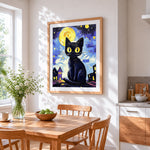 Halloween black cat under the moon paint by numbers artwork displayed on wall as home decor