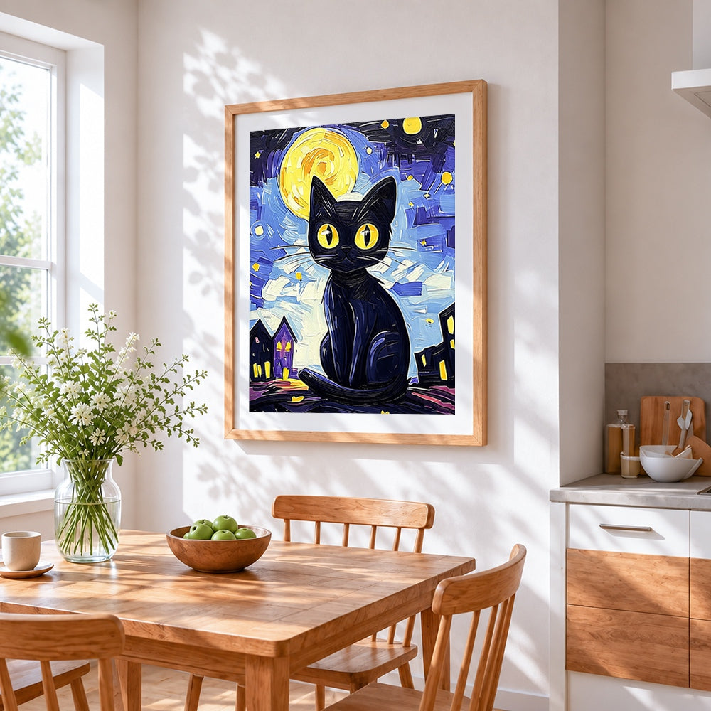 Halloween black cat under the moon paint by numbers artwork displayed on wall as home decor