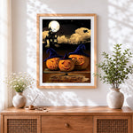 Finished halloween jack-o'-lanterns and haunted house cross stitch artwork displayed