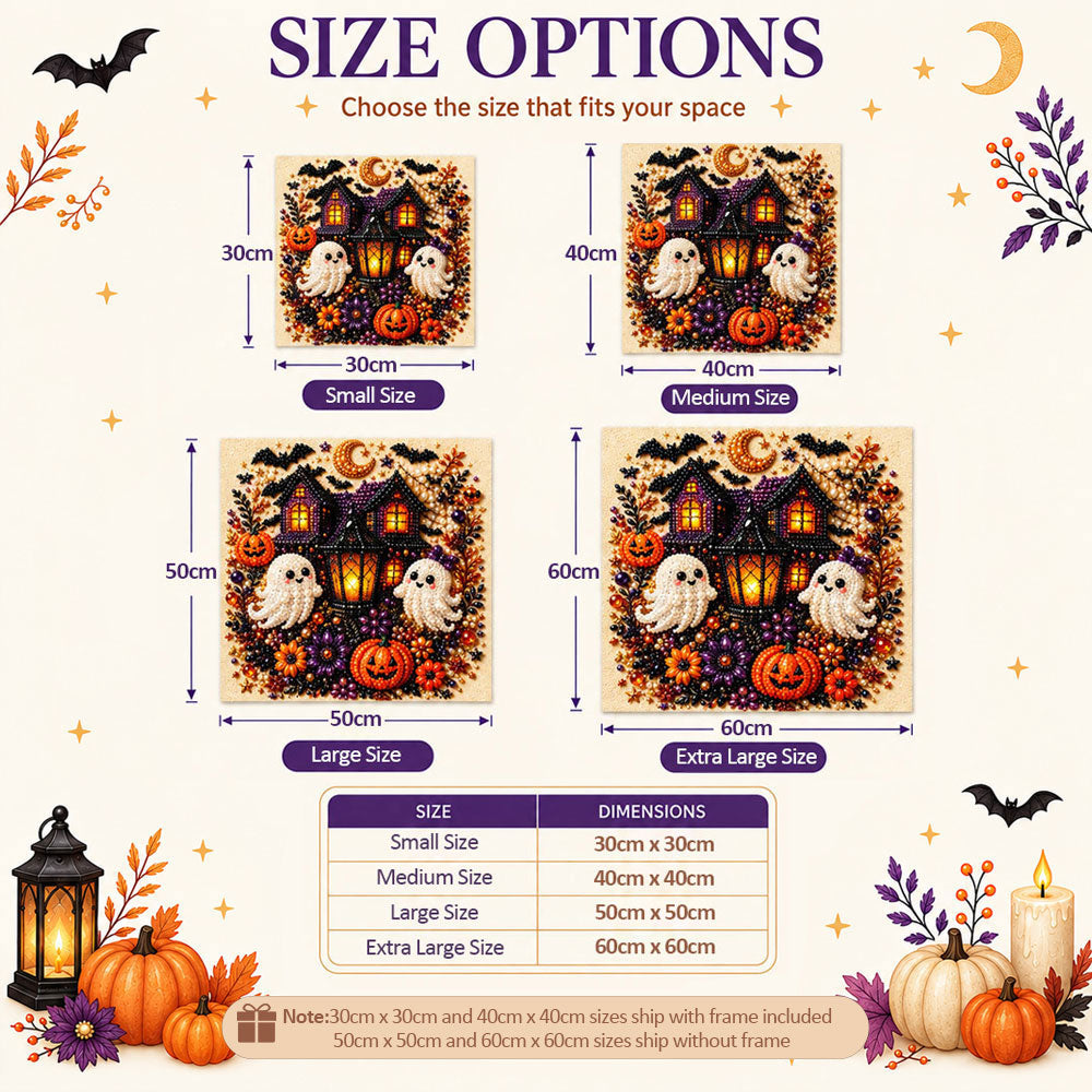Halloween pearl diamond painting size guide with multiple large size options