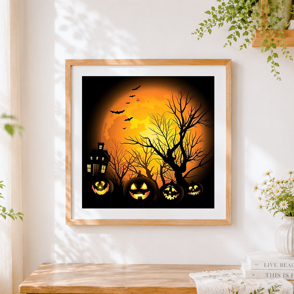 Finished halloween pumpkins and haunted house paint by numbers artwork displayed as home decor