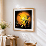 Halloween pumpkins and haunted house paint by numbers artwork displayed on wall as home decor