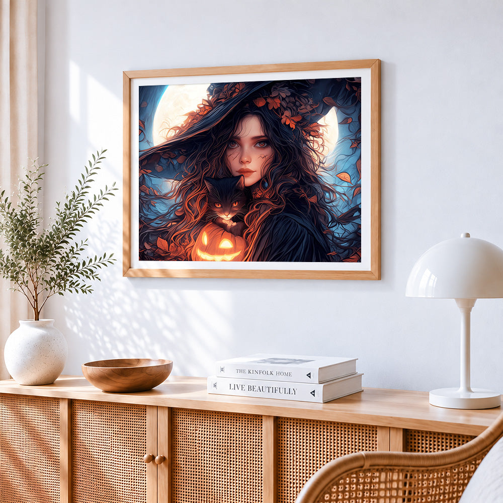 Halloween witch and black cat cross stitch artwork displayed on wall as home decor