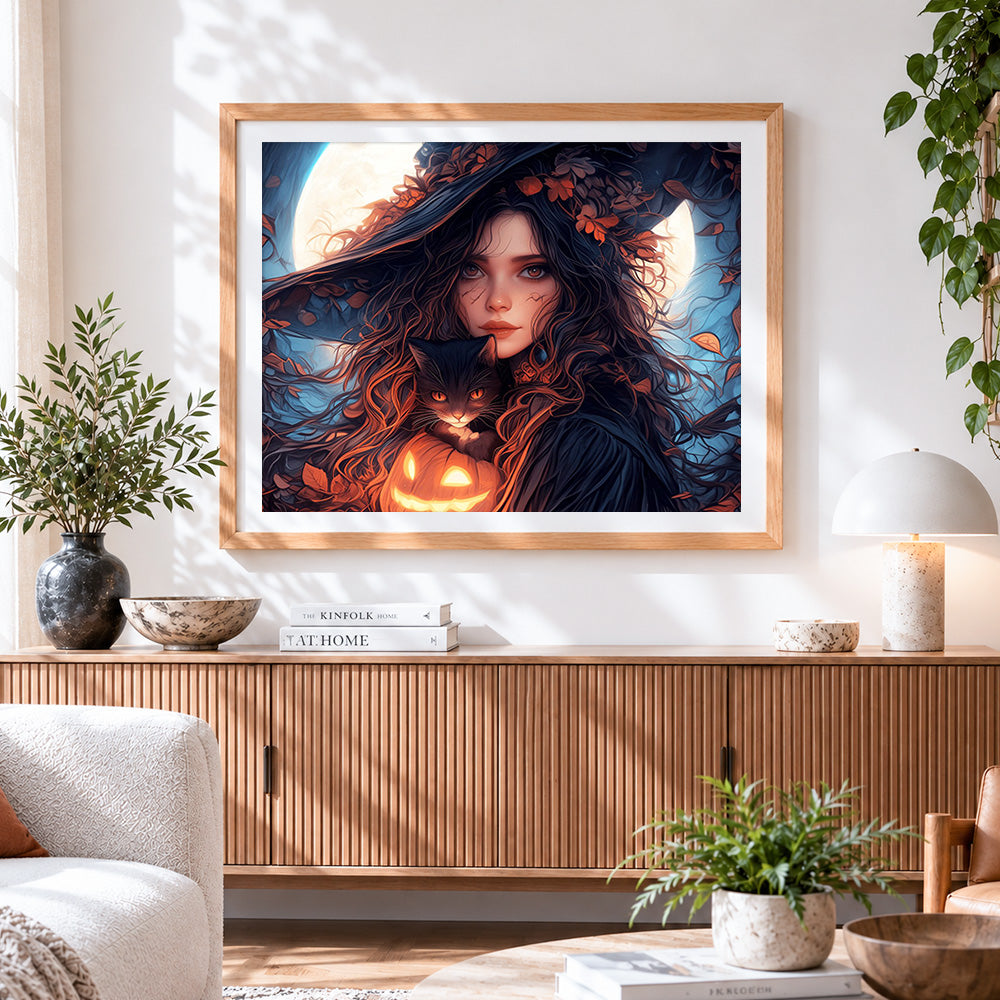 Finished halloween witch and black cat paint by numbers artwork displayed as home decor