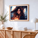 Halloween witch and black cat paint by numbers artwork displayed on wall as home decor