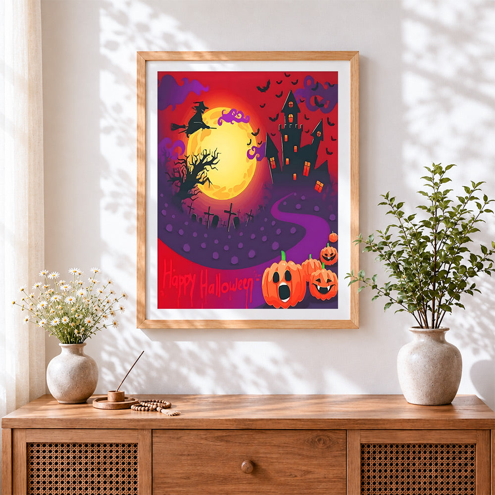 Finished halloween witch castle with full moon cross stitch artwork displayed
