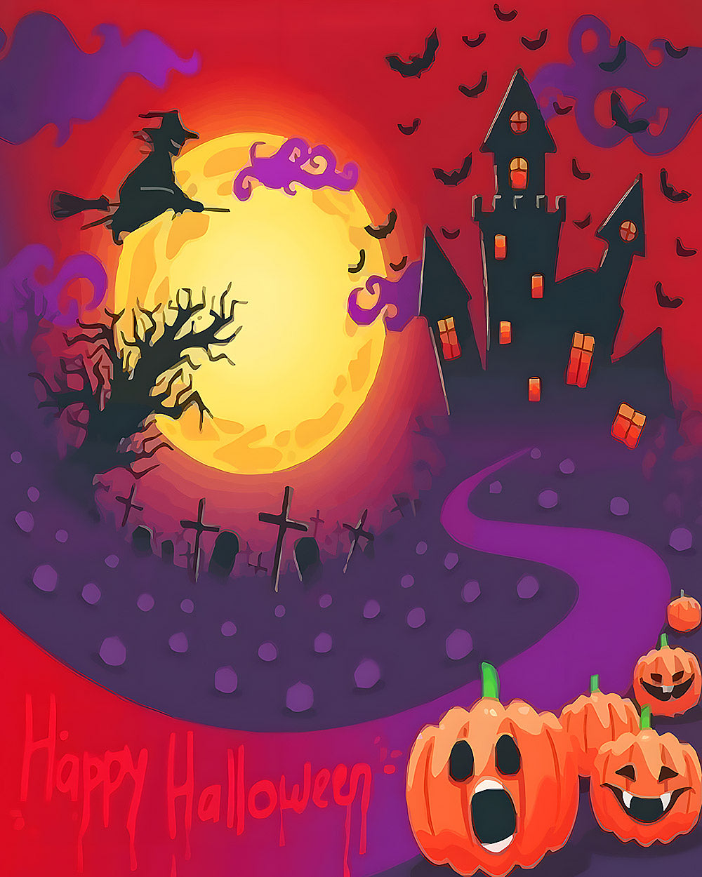 Halloween witch castle with full moon cross stitch kit for beginners