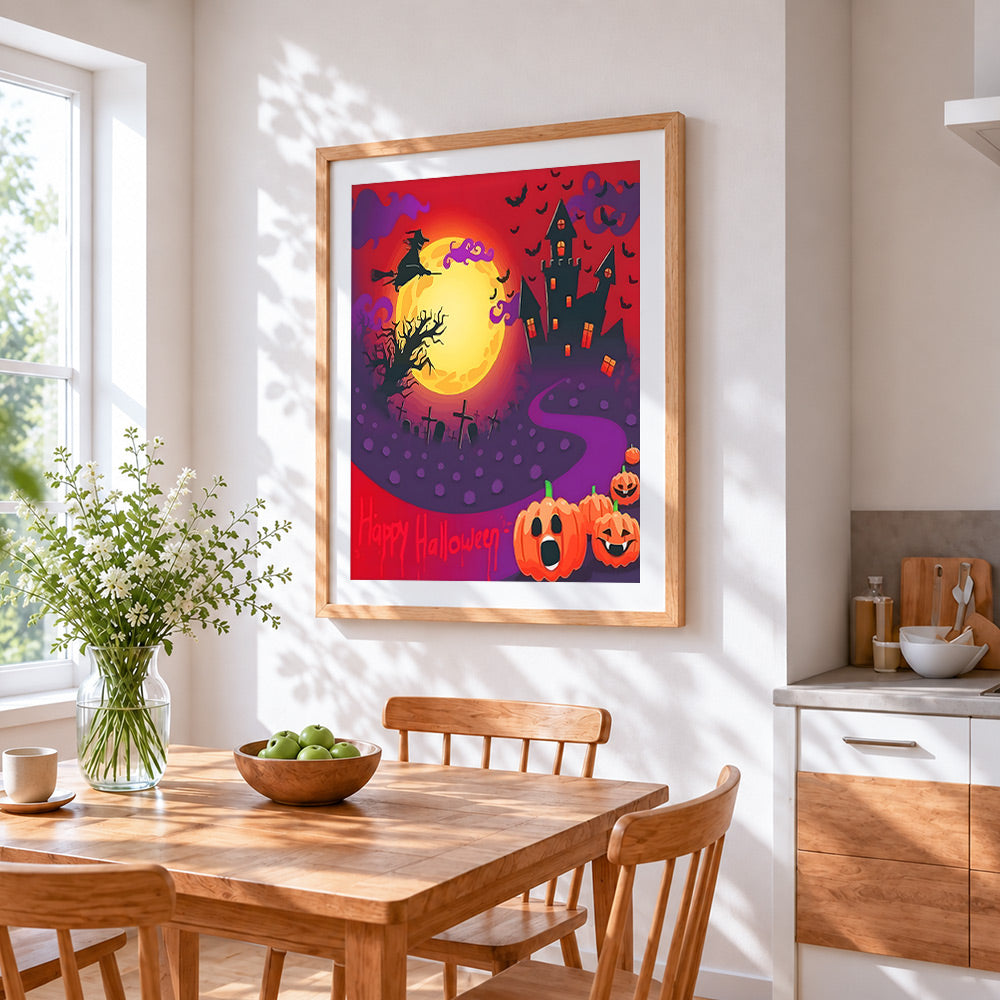Halloween witch castle with full moon cross stitch artwork displayed on wall as home decor