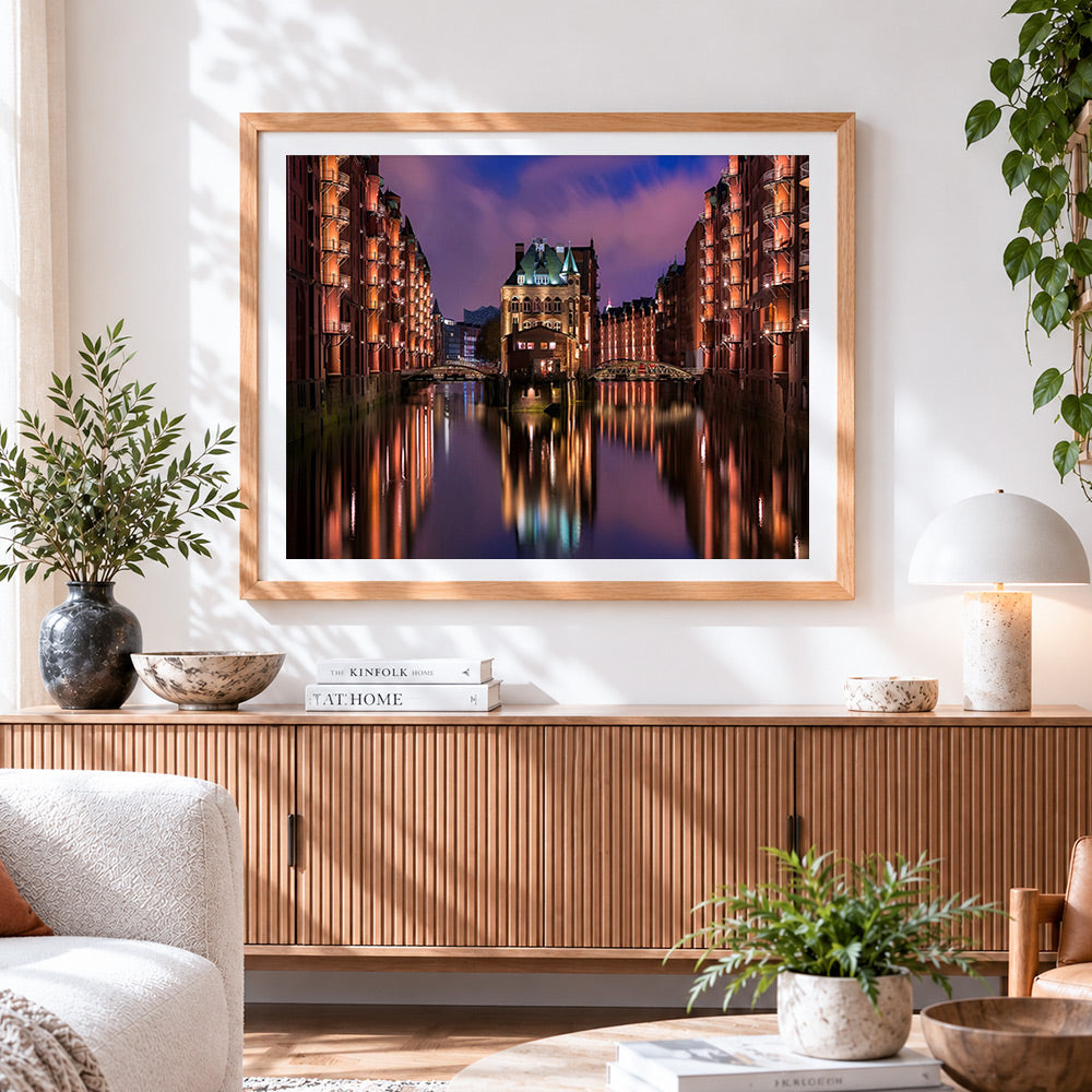 Finished hamburg speicherstadt at night cross stitch artwork displayed