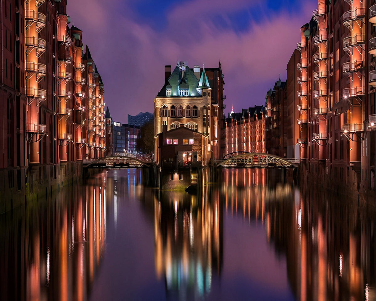 Hamburg speicherstadt at night cross stitch kit for beginners