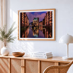 Hamburg speicherstadt at night cross stitch artwork displayed on wall as home decor