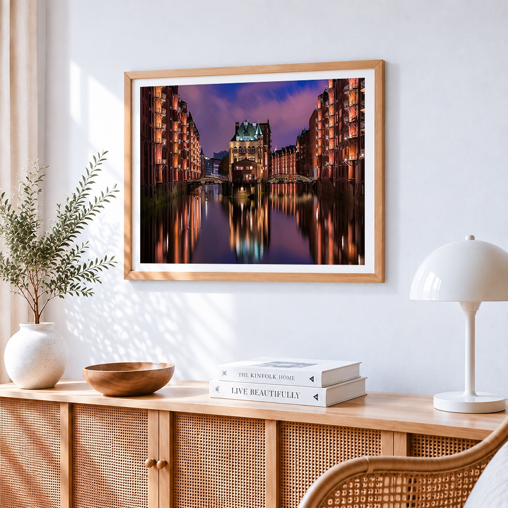 Hamburg speicherstadt at night cross stitch artwork displayed on wall as home decor