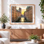 Finished hamburg speicherstadt at sunset cross stitch artwork displayed