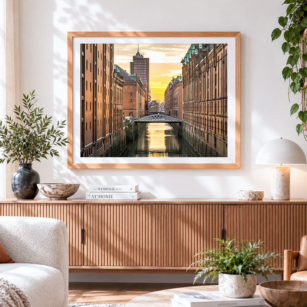 Finished hamburg speicherstadt at sunset cross stitch artwork displayed