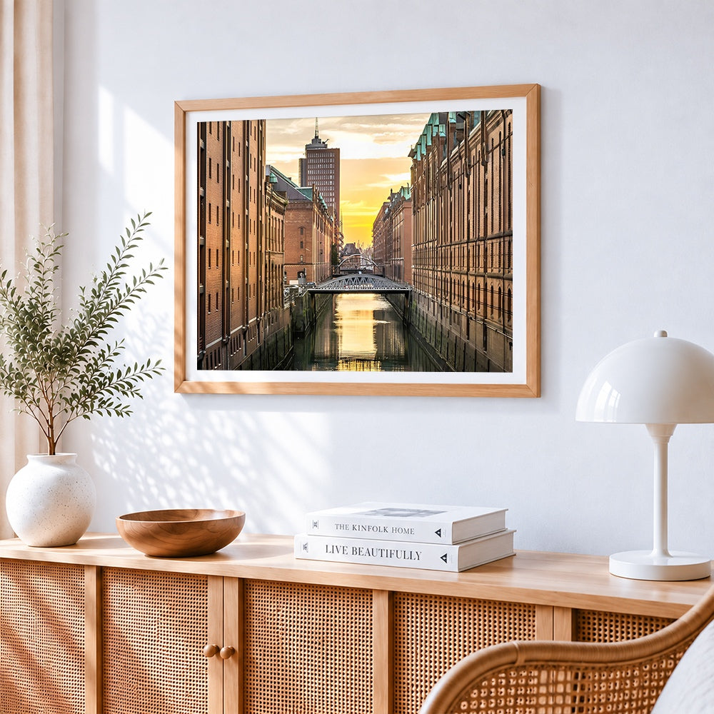 Hamburg speicherstadt at sunset cross stitch artwork displayed on wall as home decor