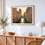 Hamburg speicherstadt at sunset cross stitch artwork displayed on wall as home decor
