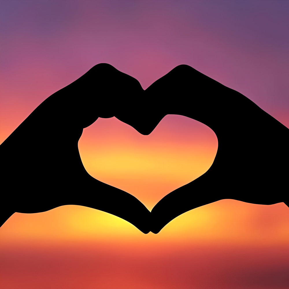Hands making a heart at sunset cross stitch kit for beginners
