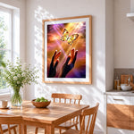 Hands releasing a mechanical butterfly cross stitch artwork displayed on wall as home decor