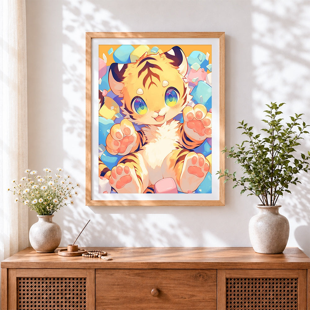Finished happy baby tiger cross stitch artwork displayed