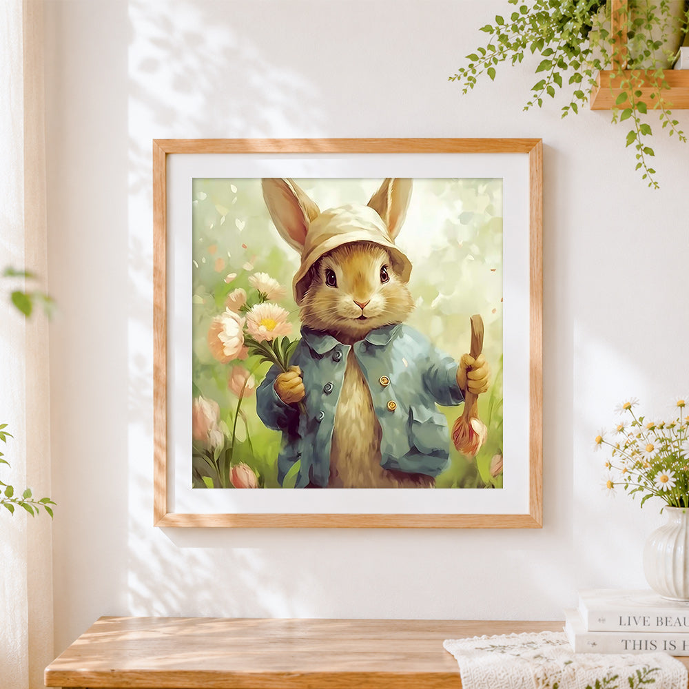 Finished happy bunny with some flowers cross stitch artwork displayed
