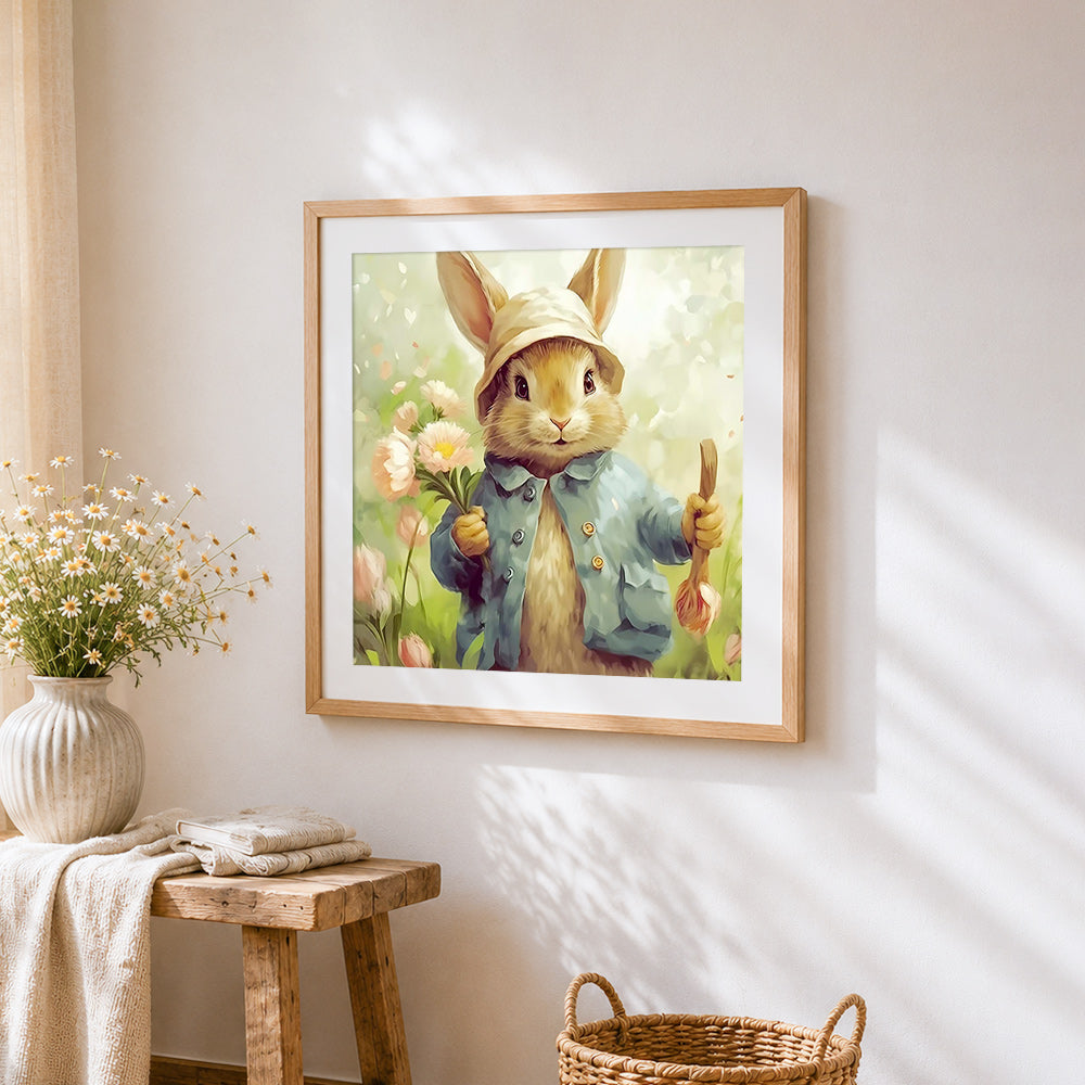 Happy bunny with some flowers cross stitch artwork displayed on wall as home decor
