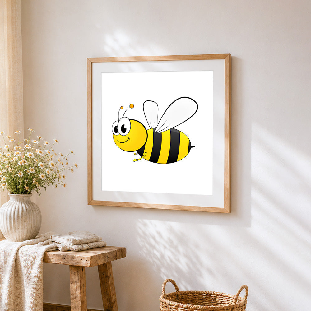 Happy cartoon bee cross stitch artwork displayed on wall as home decor