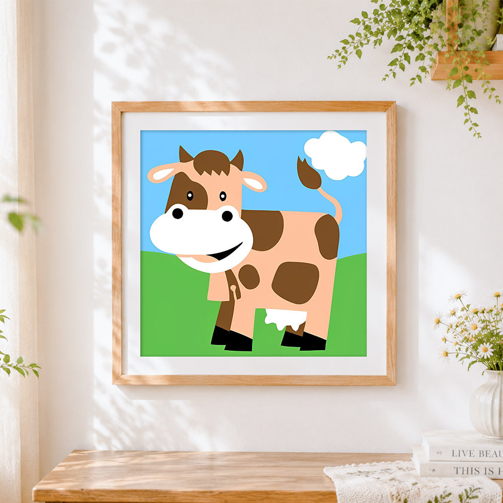 Finished happy cartoon cow cross stitch artwork displayed