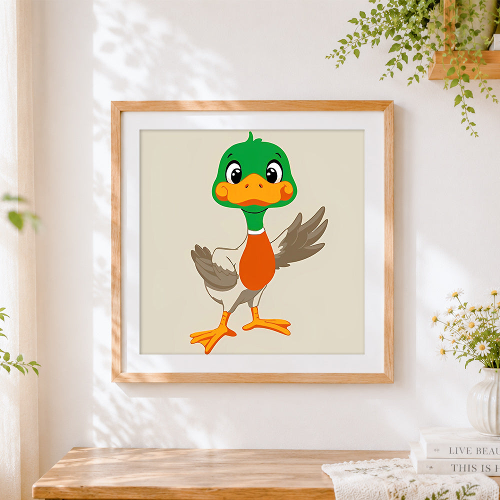 Finished happy cartoon duck cross stitch artwork displayed