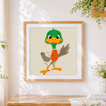 Finished happy cartoon duck cross stitch artwork displayed