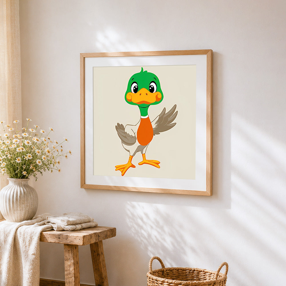 happy cartoon duck cross stitch artwork displayed on wall as home decor
