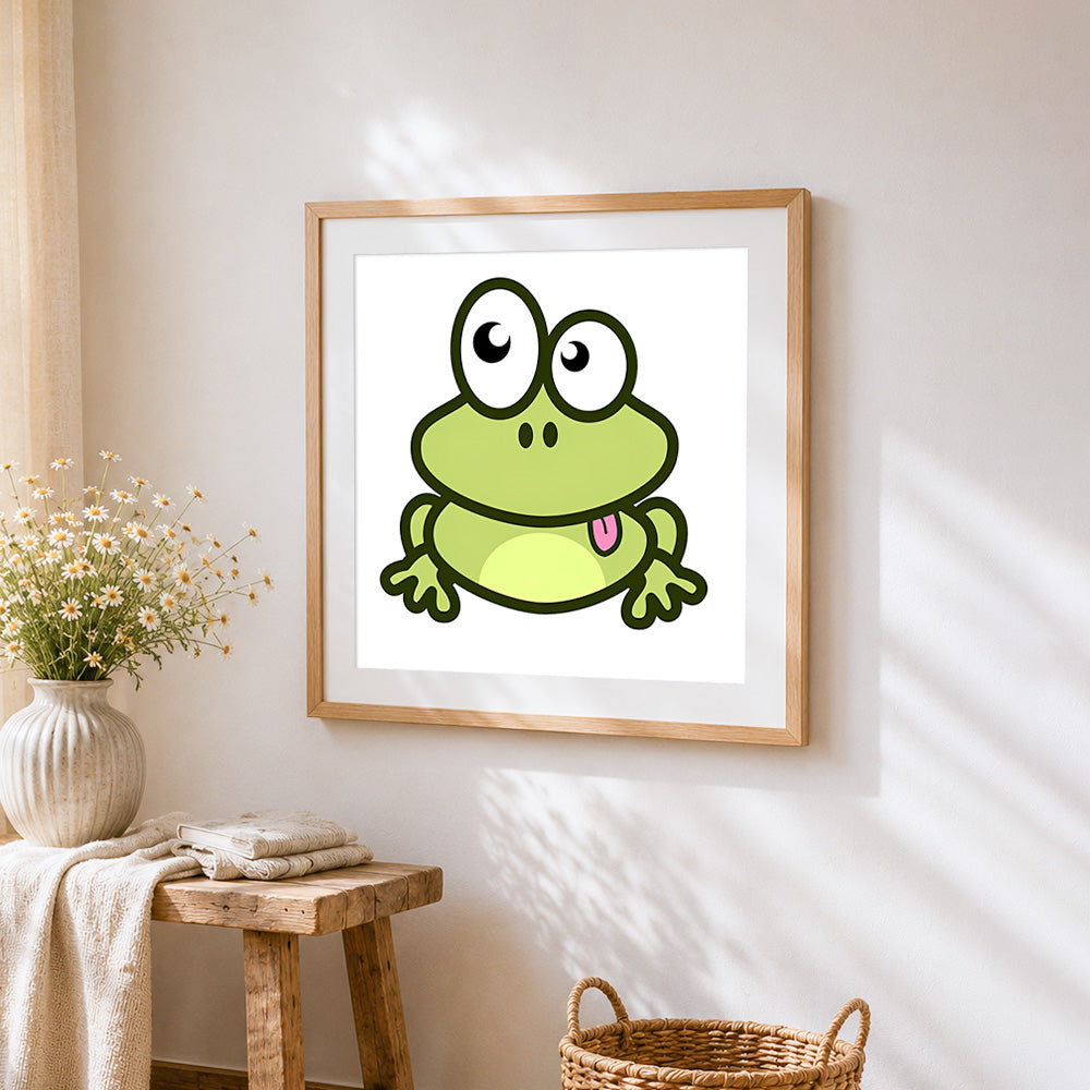 Happy cartoon frog cross stitch artwork displayed on wall as home decor