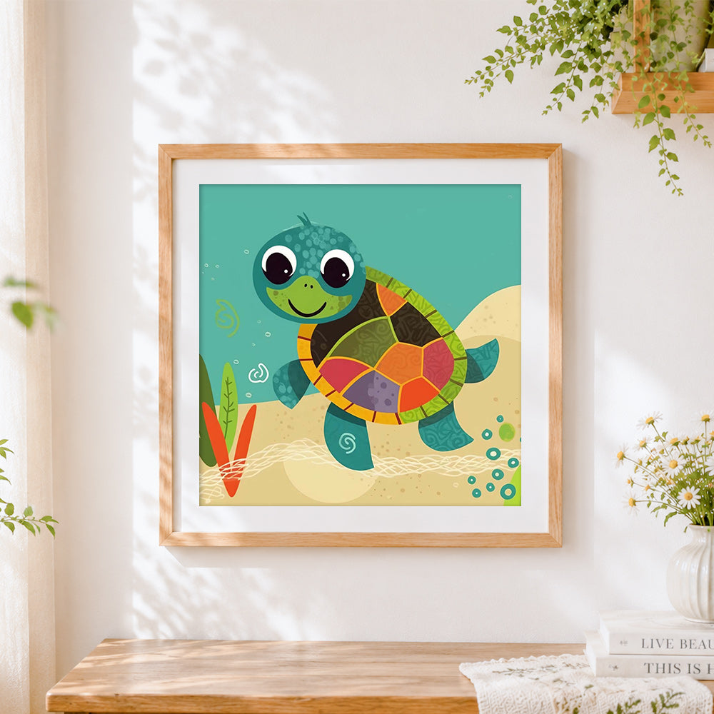 Finished happy cartoon sea turtle cross stitch artwork displayed