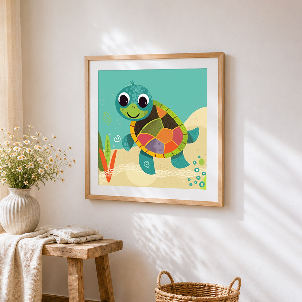 Happy cartoon sea turtle cross stitch artwork displayed on wall as home decor