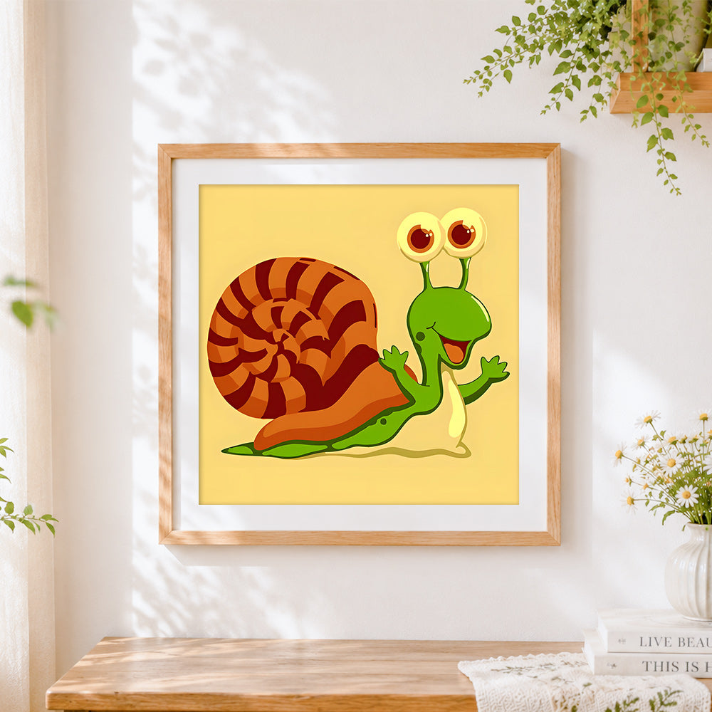 Finished happy cartoon snail cross stitch artwork displayed