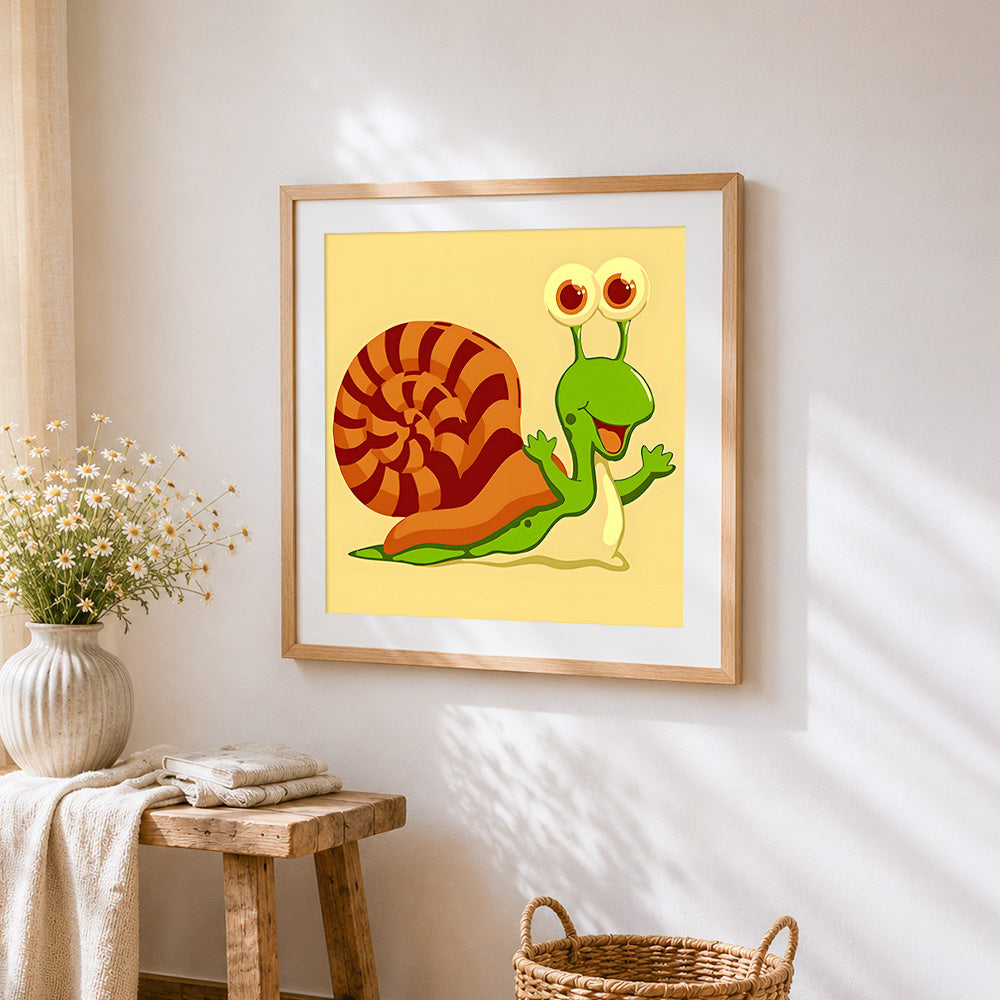 Happy cartoon snail cross stitch artwork displayed on wall as home decor