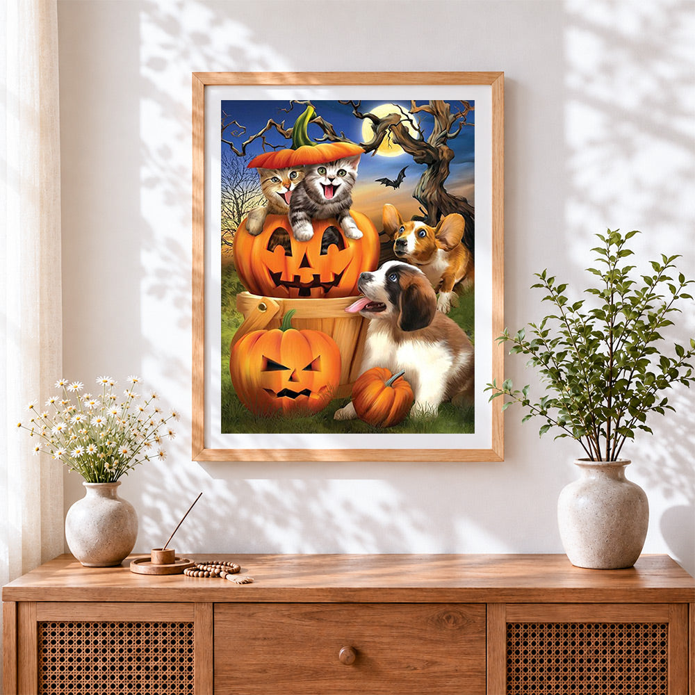 Finished happy cats, dogs and halloween pumpkins cross stitch artwork displayed