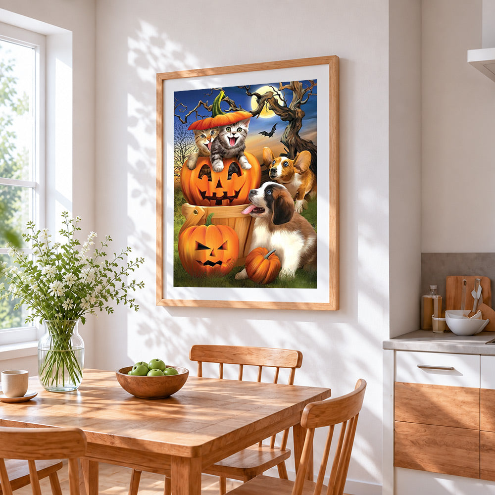 Happy cats, dogs and halloween pumpkins cross stitch artwork displayed on wall as home decor