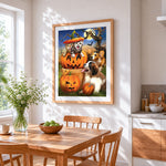 Happy cats, dogs and halloween pumpkins cross stitch artwork displayed on wall as home decor