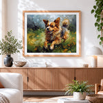 Finished happy corgi running in the grass cross stitch artwork displayed
