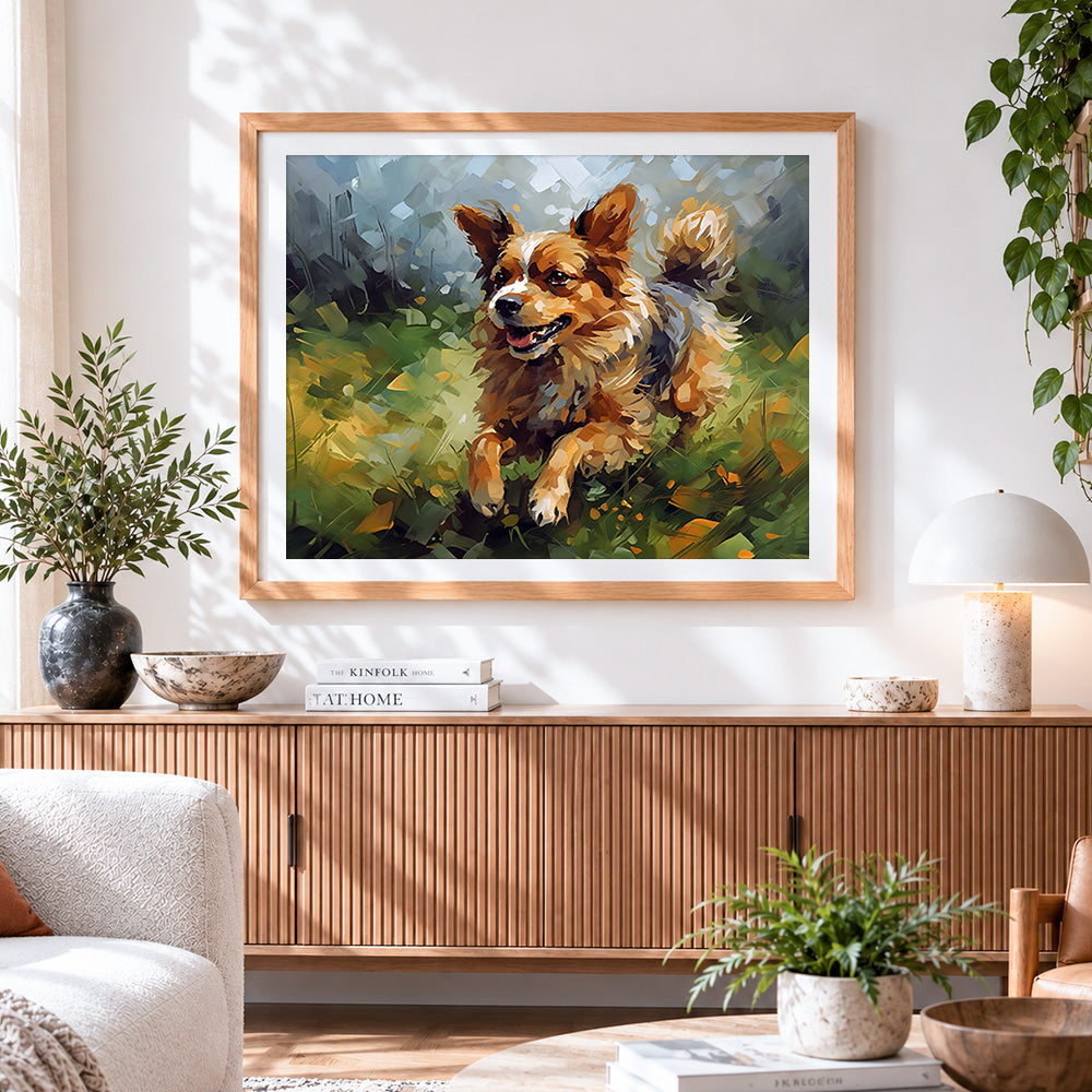 Finished happy corgi running in the grass cross stitch artwork displayed